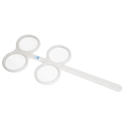 Plastikowy flipper z czterema okrągłymi soczewkami umieszczonymi na białym uchwycie, gotowy do użycia podczas testów wzr