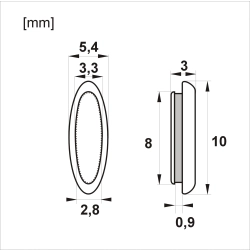 Rysunek techniczny: wymiary 10×5,4 mm, grubość 3 mm, przekrój z zaznaczonym trzpieniem do gniazda push‑in loop, skala w milimetrach