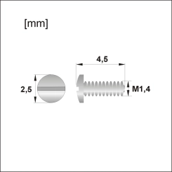 Rysunek wymiarowy śrubki M1,4 z długością trzpienia 4,5 mm oraz główką 2,5 mm, gniazdo pod wkrętak płaski, pełny gwint