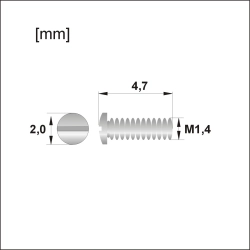 Rysunek wymiarowy śrubki M1,4; długość 4,7 mm, główka 2,0 mm