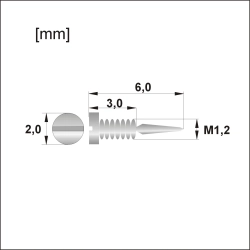 Schemat wymiarów śrubki łamanej M1,2: długość 6,0 mm, po złamaniu 3,0 mm, główka 2,0 mm, srebrna