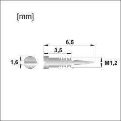 Śrubka łamana M1,2; długość całkowita 6,5 mm; po złamaniu 3,5 mm; wysokość główki 1,6 mm; schemat wymiarów w milimetrach