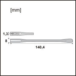 Rysunek techniczny z wymiarami zausznika do okularów ZFP3: długość 144,4 mm, szerokość 8 mm, grubość 3,6 mm, pióro 1,3 mm