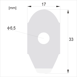 Zbliżenie na pojedynczy prostokątny plaster z wyraźnie zaznaczonymi wymiarami 33 x 17 mm, pokazujące szczegóły kształtu i rozmiaru