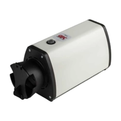 Podgrzewacz do opraw GFC FATA w orientacji poziomej, kolor biały z czarnymi elementami, widoczny wylot z koncentratorem gorącego powietrza i włącznik na górnym panelu