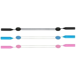 S107-D – twardy sznurek do okularów z regulacją, trzy egzemplarze ułożone poziomo na białym tle; czarny przewód oraz war