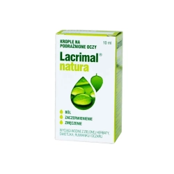 Pudełko kropli do oczu Lacrimal Natura 10 ml z zielonym napisem i grafiką kropli, informacje o łagodzeniu bólu, zaczerwi