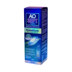 AOSept Plus HydraGlyde 360 ml – granatowe pudełko z grafiką soczewki i logo HydraGlyde, informacja o roztworze nadtlenko