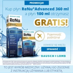 ReNu Advanced płyn do soczewek 360 ml + 100 ml gratis – zestaw promocyjny Bausch + Lomb, grafika z butelkami i opakowani