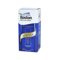 Boston Simplus Multi Action Solution 120 ml – pudełko w kolorze białym i granatowym z napisem „with built‑in protein rem