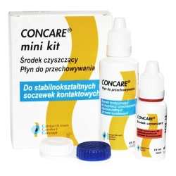 Zestaw Concare mini kit: pudełko z napisem „Środek czyszczący, Płyn do przechowywania”, butelki 45 ml i 15 ml oraz biało