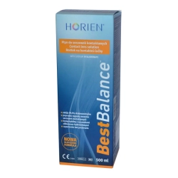 HORIEN BestBalance płyn do soczewek 500 ml, niebieskie opakowanie z napisem BestBalance i informacją „with sodium hyalur