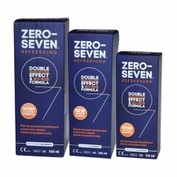 ZERO-Seven Refreshing płyn do soczewek 500 ml, 360 ml i 120 ml, granatowe opakowania z białym nadrukiem i wyraźnym oznac