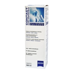 All-in-One Advance płyn do soczewek miękkich 360 ml, białe opakowanie z niebieskimi napisami i grafiką przedstawiającą o