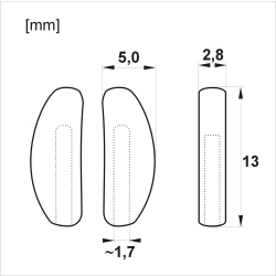 Rysunek techniczny z wymiarowaniem nanośników CTPH‑43: wysokość 13 mm, szerokość 5,0 mm, grubość 2,8 mm