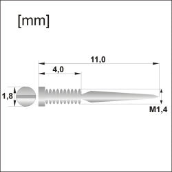 Łamana śrubka M1,4 × 11,0 mm, po złamaniu 4,0 mm, główka 1,8 mm