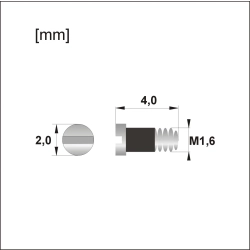 schemat z oznaczeniem M1,6, długość 4,0 mm, średnica główki 2,0 mm, widok czoła z nacięciem płaskim oraz zaznaczona strefa gwintu z powłoką teflonową