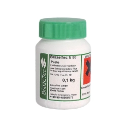 Topnik BrazeTec h 80 w paście, pojemnik 0,1 kg z zieloną zakrętką i etykietą informacyjną, widok na białym tle